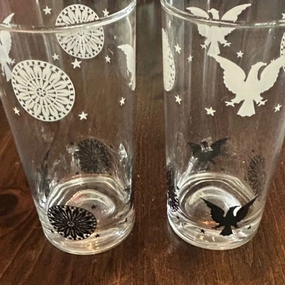 Vintage Barware Highball Glasses Patriotic Eagle Star Set Bicentennial Americana